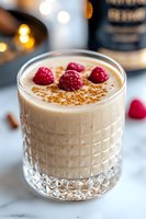 Creamy cocktail garnished with fresh raspberries in crystal glass on marble surface, sprinkled with cinnamon powder, soft bokeh background lighting.