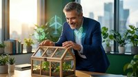 Middle-aged Caucasian male professional in business casual attire examining sustainable energy model with wind turbine and plants on desk, symbolizing green business innovation and environmental responsibility.
