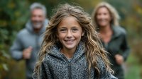 Happy young girl with long blonde hair running outdoors with parents in background during autumn family activity in park setting.