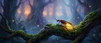 Glowing firefly on moss-covered branch in enchanted forest with magical bokeh lights and sparkling atmosphere creating mystical woodland scene.