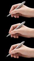Hand holding a silver fountain pen, three angle views, isolated on transparent background. Ready for stickers, clipart, t-shirt design, and print on demand use.