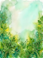 Watercolor botanical frame with green foliage and herbs on white background, isolated design element for organic product packaging, wellness branding, and natural cosmetics marketing materials.