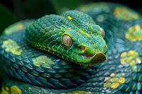 Close up portrait of emerald green tree pit viper snake with yellow markings and distinctive scales showing intricate details of head, eyes and skin texture in natural habitat.