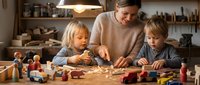 Father with two young children, Caucasian, engaged in creative woodworking and craft activity at wooden table in warm workshop setting with shelves and pendant lighting. Family bonding through hands-on learning and artistic play.