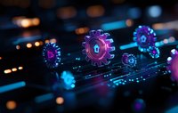 Glowing neon gear wheels with digital lock icons floating over circuit board pattern in blue and purple colors, representing cybersecurity and digital transformation.