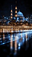 Illuminated mosque with minarets reflecting in water at night, dramatic lighting creates magical atmosphere with glowing domes and arched colonnade along waterfront.