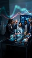 Diverse business team analyzing holographic data projections on interactive table in modern tech office with digital displays and futuristic interface.