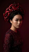 Young East Asian woman wearing red chili pepper headdress and sequined garment against burgundy background. Artistic portrait for fashion, editorial, and creative design projects.