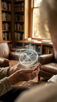 Hands holding glowing compass hologram in cozy library with warm sunlight streaming through window and leather armchair background.
