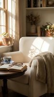 Cozy reading corner with white armchair, knitted throw blanket, open book, teacup and eyeglasses on wooden table. Warm sunlight streaming through window.