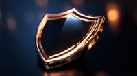 Metallic shield emblem glowing with golden light against dark background, security symbol with reflective surface and dramatic lighting effects for protection concept.