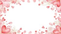 Romantic pink hearts and swirls frame on white background with scattered petals for Valentine's Day cards, wedding invitations and love-themed designs.