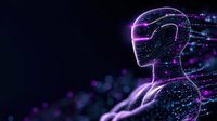 Futuristic glowing purple silhouette of human head and shoulders with particle effects against dark background, representing artificial intelligence and digital consciousness.