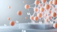 Floating coral spheres connected by white lines hover above metallic surface in futuristic composition, suggesting molecular or technological concept on light background.