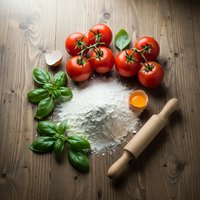 Fresh tomatoes, basil, flour and rolling pin arranged on rustic wooden table for homemade pasta or pizza preparation. Cooking ingredients ready for Italian cuisine.