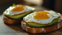 Sunny side up eggs on sourdough toast with fresh avocado slices, captured in warm morning light. Close-up shows crispy edges and runny yolks for breakfast appeal.