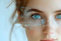 Futuristic close up of bright blue eyes with digital holographic data overlay and financial charts projection, representing artificial intelligence and technology.
