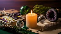 Mystical fortune telling setup with burning candle, tarot cards, crystal ball, amethyst geode and dried herbs on wooden table for spiritual guidance.