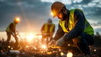 Construction worker in safety vest and helmet welding at sunset, creating bright sparks against dramatic sky with coworkers in background. Industrial scene.