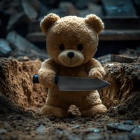 Sinister teddy bear holding kitchen knife stands in dirt hole against dark background, creating unsettling horror atmosphere for creative projects.