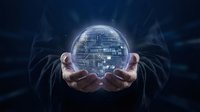 Hands holding glowing digital sphere with circuit board pattern and technology network connections on dark background for innovation and future concepts.