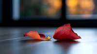 Red rose petals scattered on reflective surface with soft bokeh background creates romantic mood and gentle atmosphere for valentines or wedding designs.