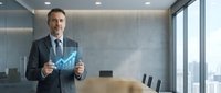 Professional businessman in suit holding transparent digital growth chart in modern office conference room with city view.