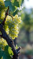 White wine grapes hanging from vine branch with green leaves and morning dew drops. Fresh fruit cluster ready for harvest in vineyard setting.