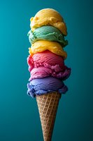 Colorful ice cream scoops stacked high in waffle cone against turquoise background, featuring vibrant yellow, green, orange, pink and purple flavors in creative food styling.