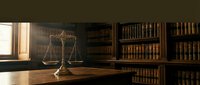 Golden scales of justice on wooden desk in traditional law library with leather-bound books and warm sunlight streaming through window.