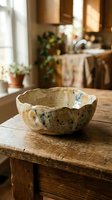 Handmade ceramic bowl with organic speckled glaze on rustic wooden table in warm sunlit kitchen interior for artisan pottery and home decor concepts.