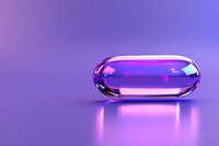 Transparent glass capsule pill with purple and pink gradient lighting effects on reflective surface, glowing in neon colors against purple background.