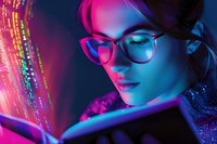 Young Asian woman in glasses illuminated by vibrant neon pink and blue lights while looking at digital tablet screen, creating modern cyberpunk atmosphere.