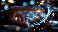 Hand touching futuristic holographic interface with glowing digital circles and data streams representing advanced technology and virtual reality interaction.
