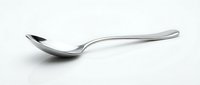 Modern stainless steel spoon with sleek curved handle isolated on white background for kitchen utensil design and culinary presentations.
