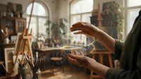 Female artist hands holding glass bowl in sunlit art studio workspace with easel and creative supplies for pottery or mixed media projects.