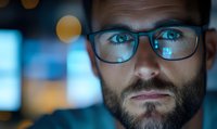 Close up portrait of young Caucasian male wearing glasses with intense blue eyes and trimmed beard against blurred bokeh background in evening lighting.