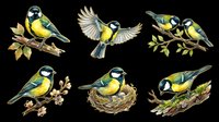Six detailed great tit bird illustrations in various poses with branches and nest, isolated on transparent background, ready for stickers, t-shirt design, and print on demand.