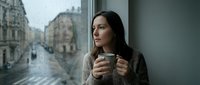 Woman with long dark hair, East Asian ethnicity, holding warm beverage while gazing out rainy window at urban street. Contemplative mood, casual indoor setting.