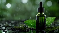 Green glass dropper bottle with water drops on moss in rain, natural cosmetic concept with fresh leaves and bokeh lights in background for wellness and spa products.