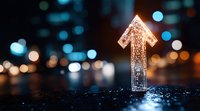 Glowing crystal arrow pointing upward against dark background with bokeh lights, symbolizing growth, success and future direction in business concept.