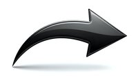 Black curved arrow pointing right with metallic finish and shadow effect isolated on white background for presentations and infographics.