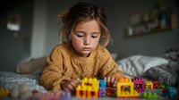 Young blonde girl in cozy sweater playing with colorful building blocks on bed, focused concentration during creative playtime at home.