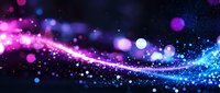 Magical glowing wave with sparkling particles in pink and blue colors against dark background, creating ethereal cosmic effect with bokeh lights and stardust trail.