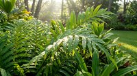 Morning dew glistens on lush green foliage in sunlit garden setting, perfect for nature, wellness, and environmental design projects.