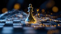 White chess queen piece on digital chessboard with glowing light trails and golden bokeh effects, symbolizing artificial intelligence and strategic leadership.