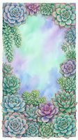 Watercolor succulent frame border with pastel purple and green gradient background for wedding invitations, botanical designs and decorative projects.