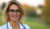 Confident female healthcare professional with blonde hair and glasses smiling outdoors. Medical practitioner portrait with stethoscope against blurred natural background.