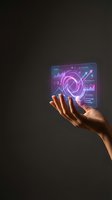 Hand holding futuristic holographic interface with glowing purple spiral and data analytics charts on dark background for technology concepts.