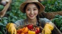 Young Asian woman in straw hat and yellow gardening gloves holding fresh harvested vegetables in wicker basket, surrounded by green plants in organic garden.